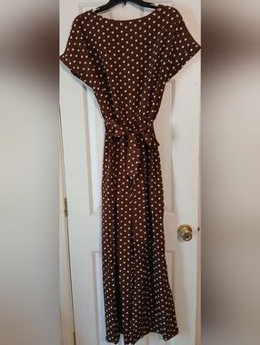 Shein- Emery Rose Polka Dot Brown Jumper with Waist Tie -Size Medium $14